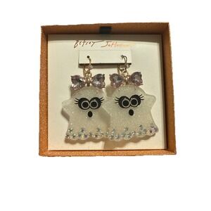 Betsey Johnson Acrylic Girl Ghost with Pink Crystal Bow Drop Earrings New
